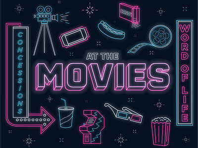 At The Movies 3d arcade at the movies camera candy cinema concessions design drink film film reel games hotdog illustration movies neon popcorn sign signs ticket