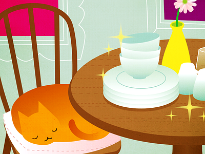 Sparkling Dishes Illustration cat dishes metaphor midcentury modern