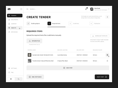 Tender Creation Page 🏗 black buttons desktop exchange monochrome product design search sidebar stepper tender trading ui ux web
