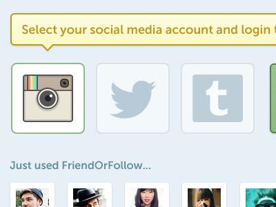 Select your social media account application blue design friendorfollow interface twitter ui website design
