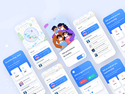 Covid Tracker App UI (Full version) app ui corona covid covid app covid tracker design doctor health health status hospital illustration interface mobile app mobile ui rebound shot status tracker typography uiux ux