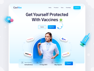 CoviVax - Vaccine UI Concept 3d booking corona corona virus covid covid 19 gradient health illustration landing page modern safety typography ui user interface ux vaccine vaccine registration web design website