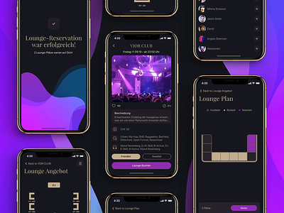 Reservation of places in night clubs animation app design booking place booking process club night clubcity dark theme dinarys friendlist golden guestlist interaction lounge mobile app mobile design nightlife purple ui trend uiux user interface