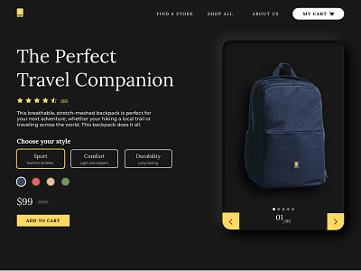 Product Display Page backpack travel ui design web design