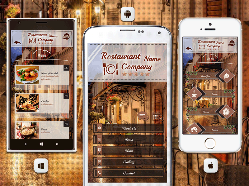 📱 Restaurant Mobile App With Animated UI Android iOS WP android ios windows phone animated dessert dinner drinks food gif invites mobile app ordering reservation restaurant