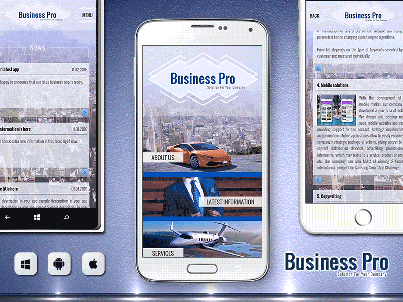 📱 Business Pro Mobile App For Android, iOS And Windows Phone animated business company gif invites lamborghini logo luxury mobile app plane professional vip