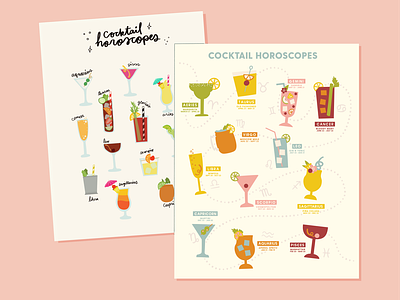 Cocktail Horoscopes 2: Even Boozier alcohol astrology cocktails design drinks hand drawn horoscope horoscopes illustration lettering moon signs pink print rebound revision risograph star signs zodiac