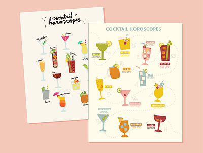 Cocktail Horoscopes 2: Even Boozier alcohol astrology cocktails design drinks hand drawn horoscope horoscopes illustration lettering moon signs pink print rebound revision risograph star signs zodiac