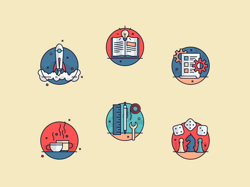 Ludu Illustrations 01 dice pen outline lightbulb book game coffee rocket icons illustrations icon illustration