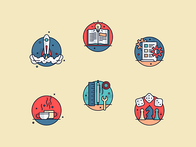 Ludu Illustrations 01 book coffee dice game icon icons illustration illustrations lightbulb outline pen rocket