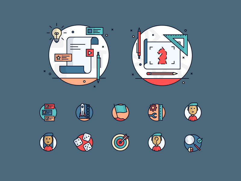 Ludu Illustrations 03 lightbulb sheet dice bullseye person flag design outline illustrations icon illustration