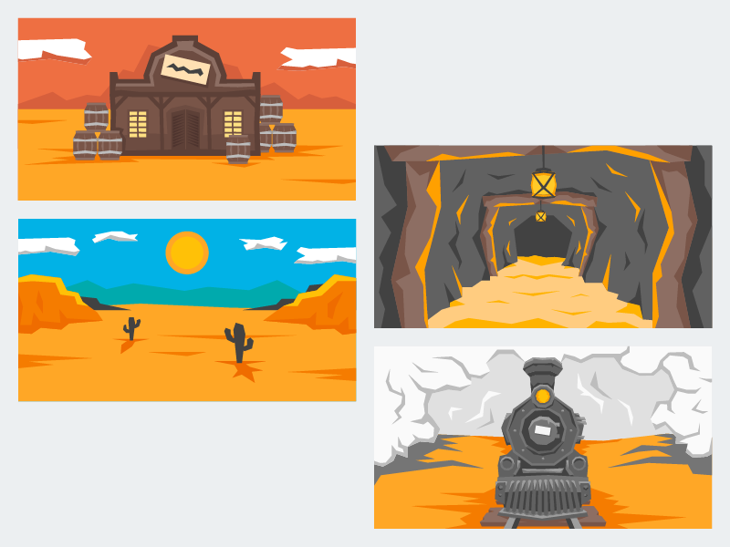 Western Scenes One cloud lamp light barrel cactus cave distillery sun prairie train scene