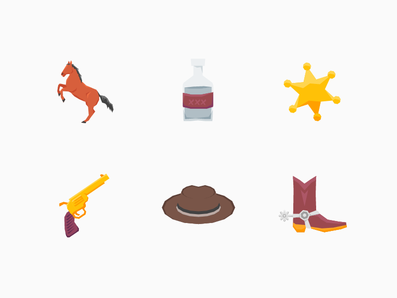 Western Icons Two gold hat polygon pistol horse booze star boot illustration icons cowboy western