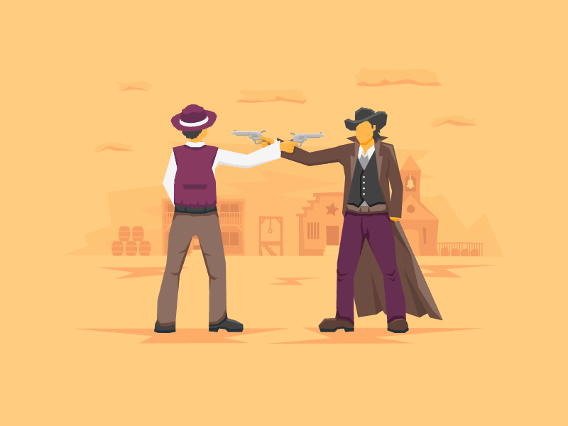 Too close polygon illustration wild west western bandit sherrif coat hat pistols town standoff cowboy