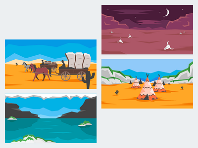 Western Scenes Two cactus carriage horses illustration moon moutains night scenes village water western wild west