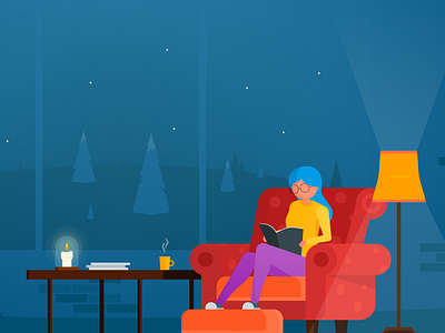 Reading time book candle chair christmas coffee illustration magazine night reading sofa winter woman