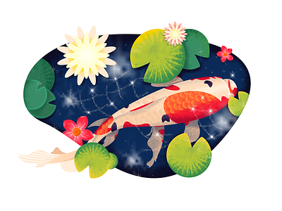 Koi-illustration-Lotus pond moonlight animal illustration koi