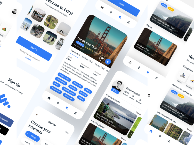 Evity Activity app activity app card design event hike ios mobile onboarding profile splash sport stepper typography ui ux