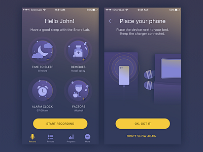 Snore tracking app UI