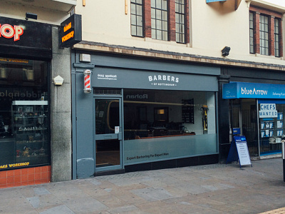 Brand identity for Nottingham Barbers barbers grey hairdresser identity logo rustic shop shopfront