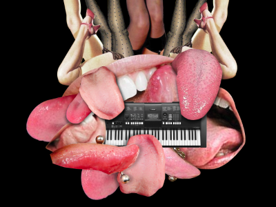 Gettin' Weird collage gig poster keyboard pin up girls pink tongue
