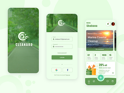 Cleanaro - an app for environmental volunteers design environmental greenery login page mobile app ux