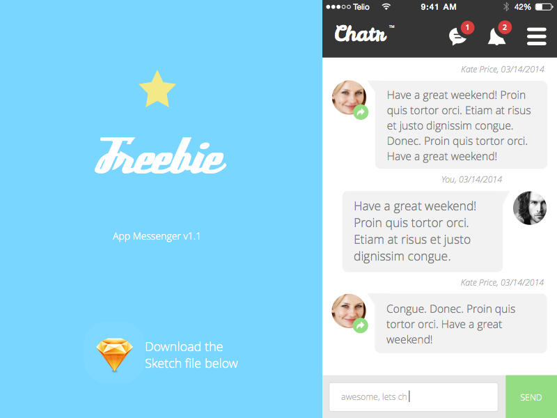 Chat / Messenger App + .sketch file sketch app freebie messenger chat