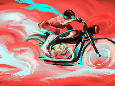 Thin Air biker girl coral digital painting photoshop turquoise