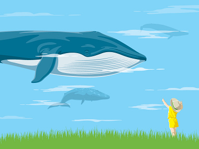 Whales cloud girl grass illustration poster sky vector whales