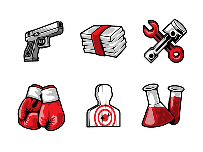 Icons boxing glove chemistry game game icon icon illustration money pistol piston