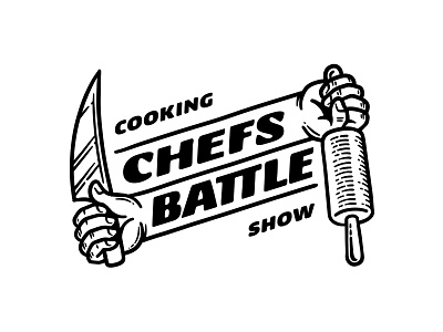 Chefs Battle 📌 Logo for Sale arms battle chef competition contrast cooking culinary cut engraving etching fight hands knife logo opposites roll out rolling pin scramble show tv