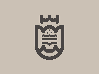 Burger on Shield 📌 Logo for Sale burger castle cavalier crown delicious fast food hamburger hungry king knight logo logo design logodesign logotype meat middle ages restaurant shield