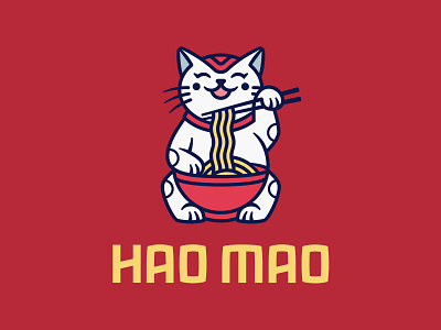 HAO MAO animal asian cafe cat character chinese chopsticks eat face food happy line art logo lucky maneki neko mascot noodles ramen restaurant wok