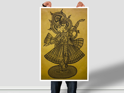 Radha Krishna black divine gods illustration india ink kalamkari krishna motifs poster radha yellow