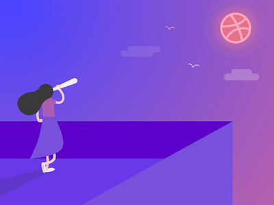 Hello Dribbble! design dribbble flat gradient graphic hello dribble illustration moon planet sketch sky sunrise ui ux vector violet wallpaper woman