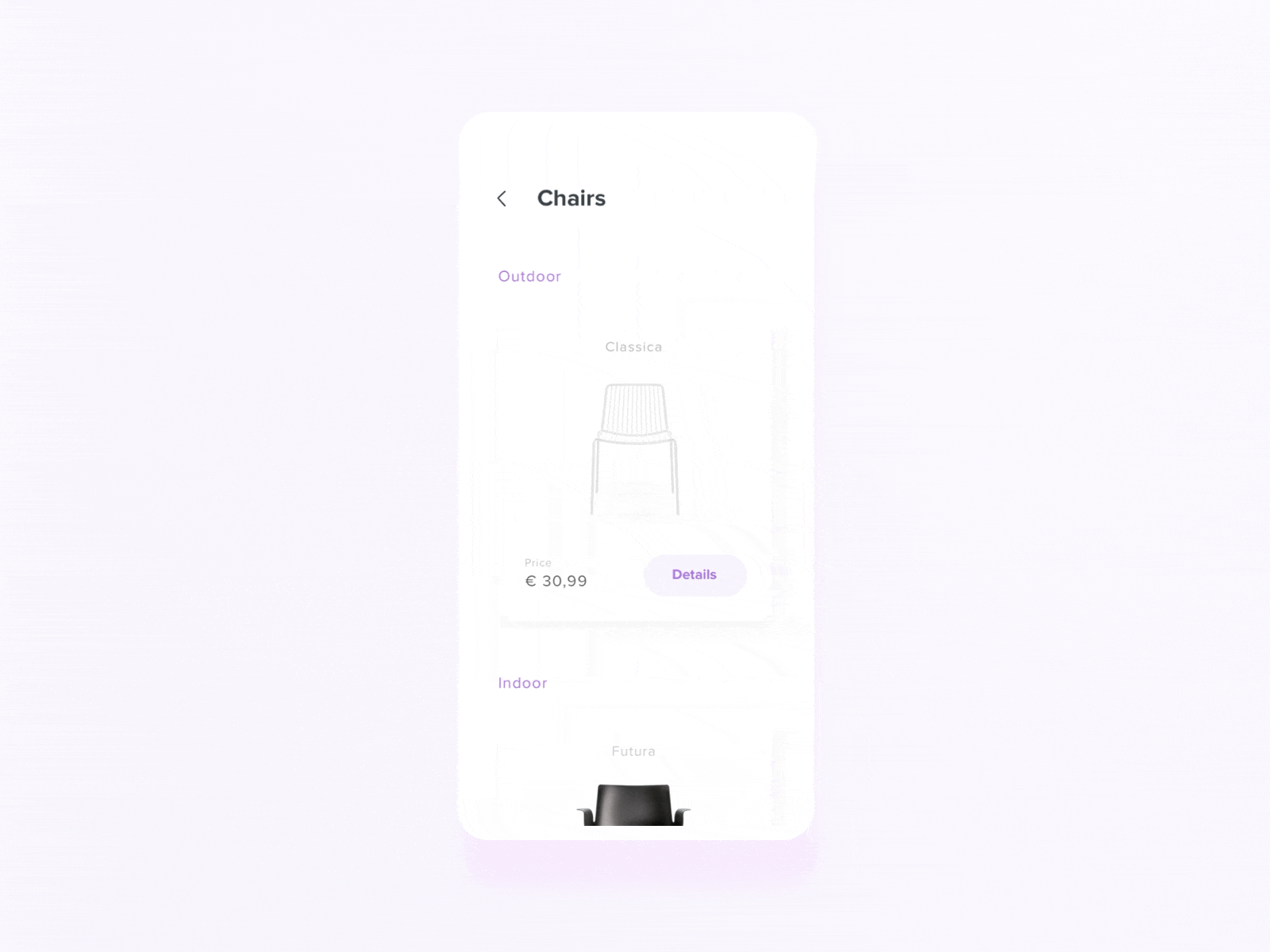 Mobile Ecommerce animation app buy chair design ecommerce flat gradient illustration iphone pink product page sketch ui ux