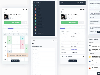 CRM Leads Detail Page actions attachments bottom sheet calendar calls crm crm portal crm software details events form mobile app design notes status tasks