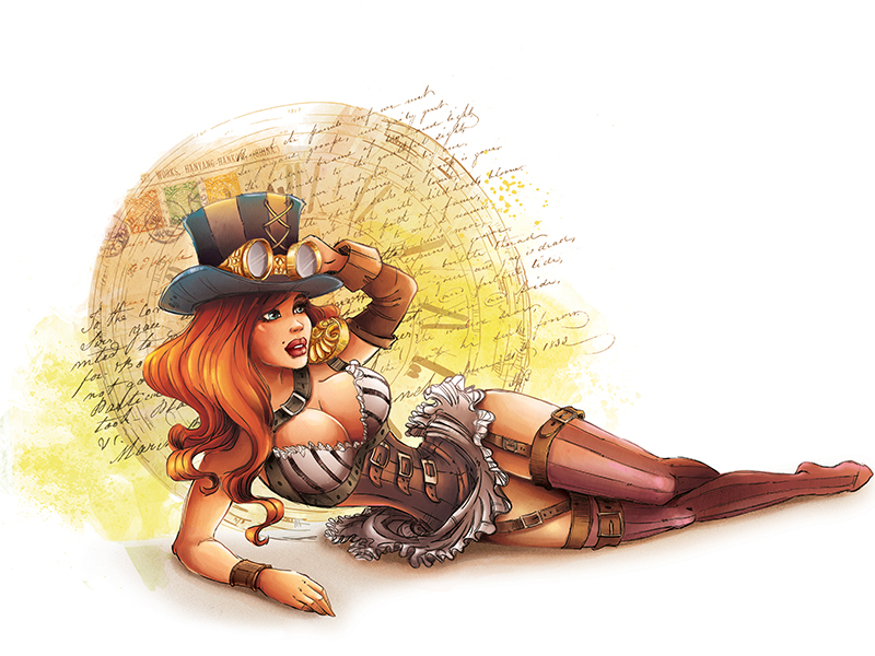 Steam drawing girl illustration photoshop pinup redhead steam steampunk