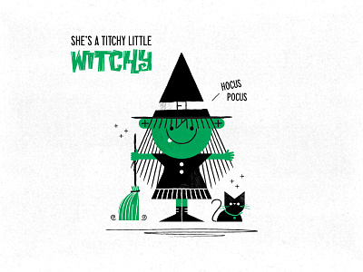 A titchy little witchy 1960s broomstick cat character character design childrens illustration halloween magic retro spell vintage witch