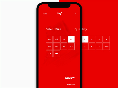 Select the right size and quantity app e commerce full screen imagery gestures iconless interaction concepts interface concept product detail page puma sports wear the weeknd ui