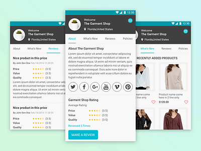 Profile & Info about app concept ui e commerce mobikul mobile product profile reviews seller ui ux