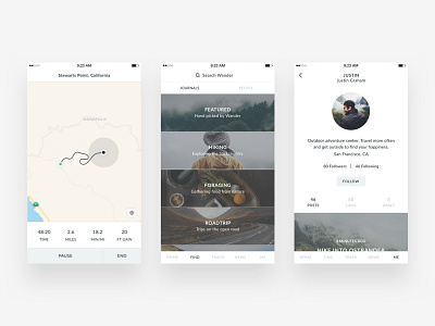 Wander app design flat interface iphone journal minimal photography type typography ui ux