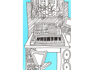 Synthsizer blue color handmade illustration line music studio