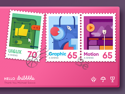 Hello Dribbble first shot hello dribbble illustration invites mail michael sacca stamp