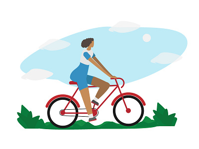 Lady on Bicycle afro bicycle black clouds grass illustration red. cycling sports style woman