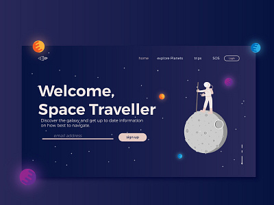 Space Traveller UI above the fold astronaut illustration moon planets rocket space travel ui