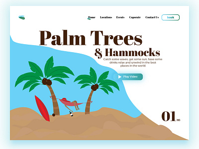 Take a breather, baby blue coconut trees green hammock hat landing page palm trees sand surboard ui wine