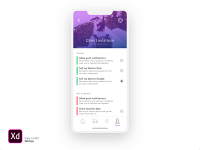 Settings - Adobe XD 007 animation app dailyui design motion motion animation settings ui ui ux ux