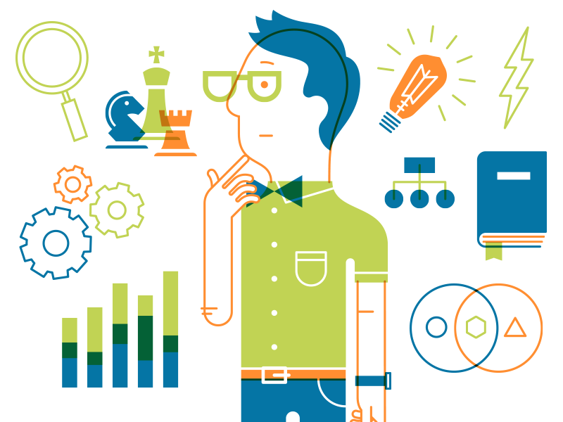 Thinkers thinker chess gears chart lightbulb lightning book bow tie glasses guy watch