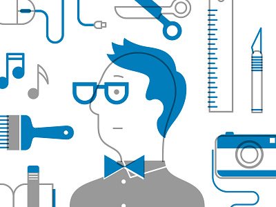 Creator bow camera character corporate creator exacto glasses hipster illustration ruler scissors tie